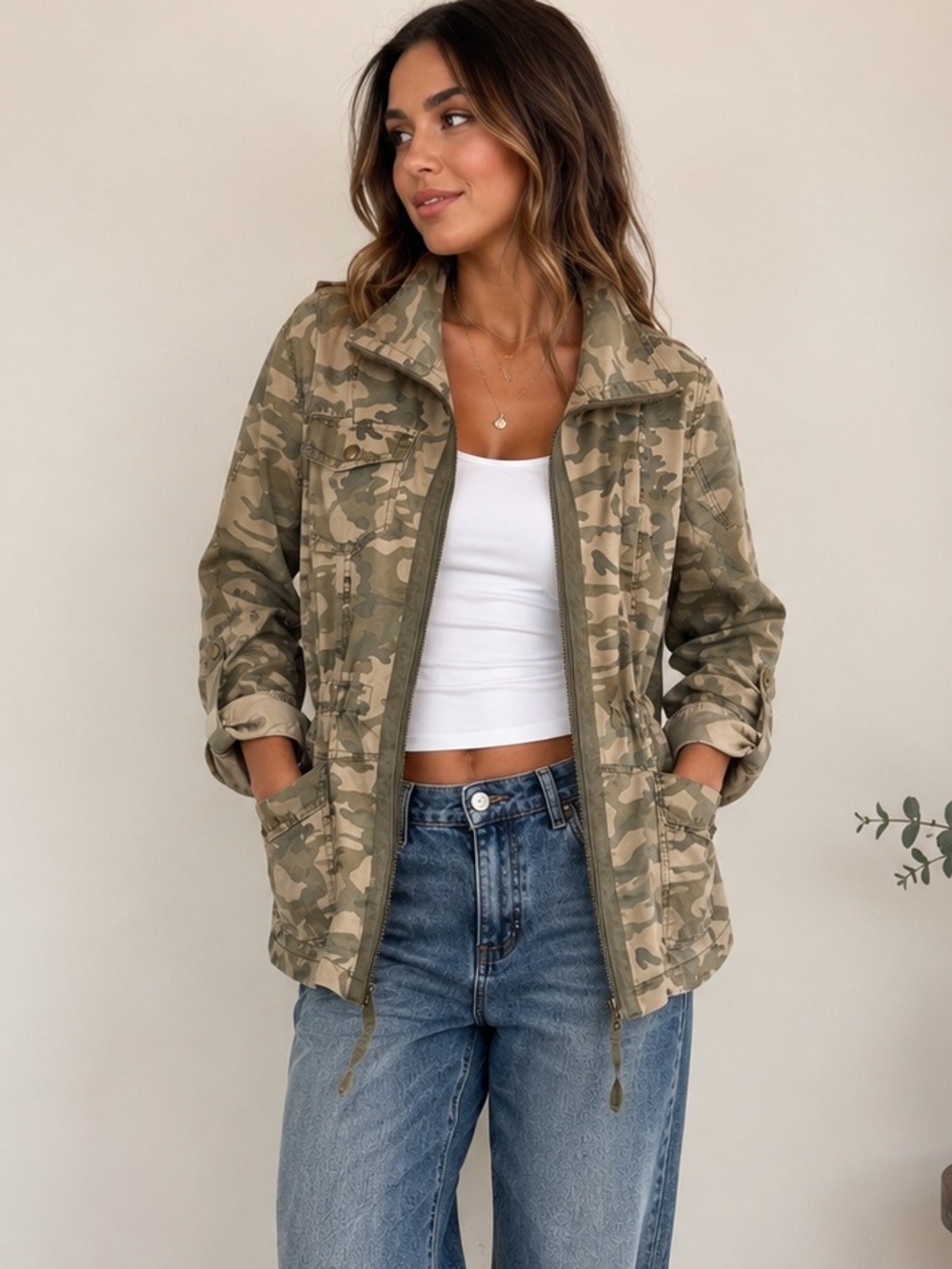 Ashley Camo Utility Jacket Women’s L Military Cargo Field Jacket